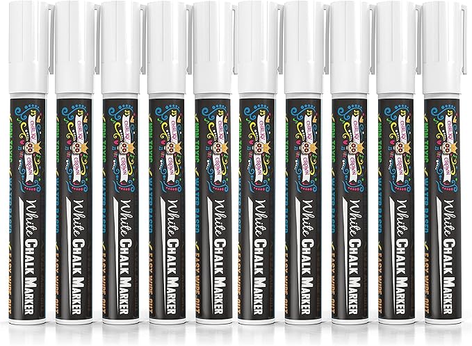 CHALKY CROWN Liquid Chalk Marker Pen - White Dry Erase Marker - Chalk Markers for Chalkboard Signs, Windows, Blackboard, Glass - 6mm Reversible Tip (10 Pack)