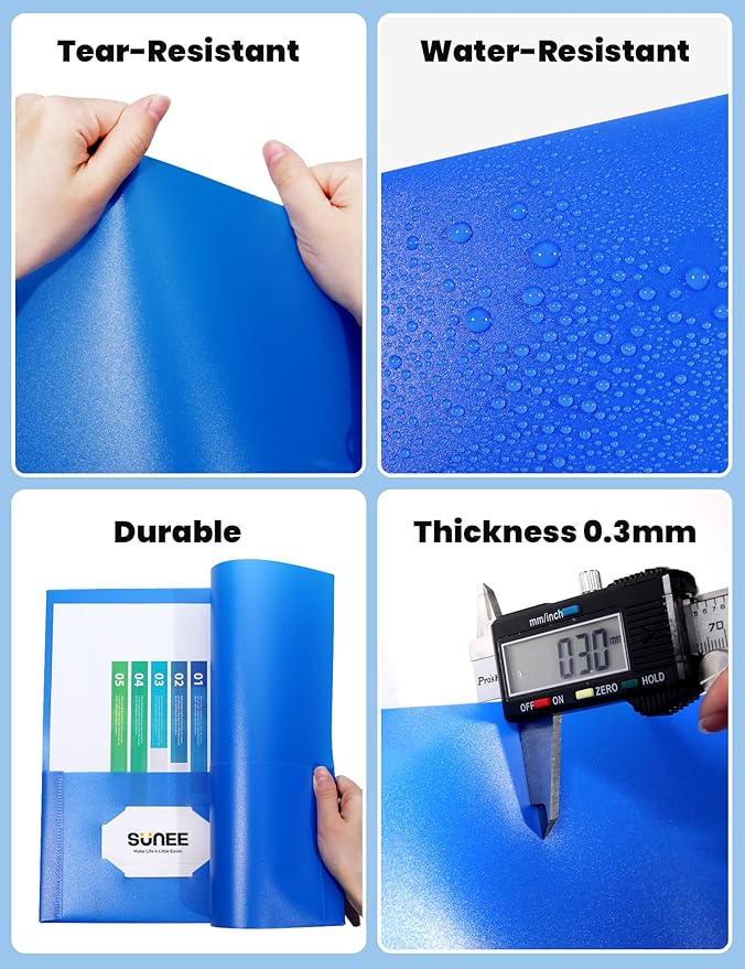 SUNEE 2 Pocket Folders (6 Pack, Blue) Heavy-Duty Plastic Folders with Pockets, Fit 8.5x11 Letter Size Paper, 2-Pocket File Folders for Kids, Home, School, Office