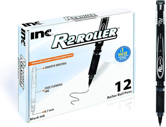 Inc. R2 Rollerball Pens - 0.7 mm Medium-Point Pen Set With Comfort Grip for School, Office, Writing, and Journaling, 12 Pack, Black Ink