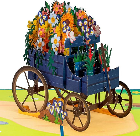 Paper Love 3D Flower Wagon Pop Up Card, Gift for Birthday, Wedding, Anniversary, Mothers Day, Thank You, Get Well, All Occasion or Just Because - 5" x 7" Cover - Includes Envelope and Note Tag