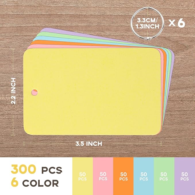 300Pcs Colored Index Cards with Ring, Goefun Blank Flashcards, 6 Color 2.2x3.5 Notecards for Studying, Vocabulary Cards, Memos, Bookmark, Greetings