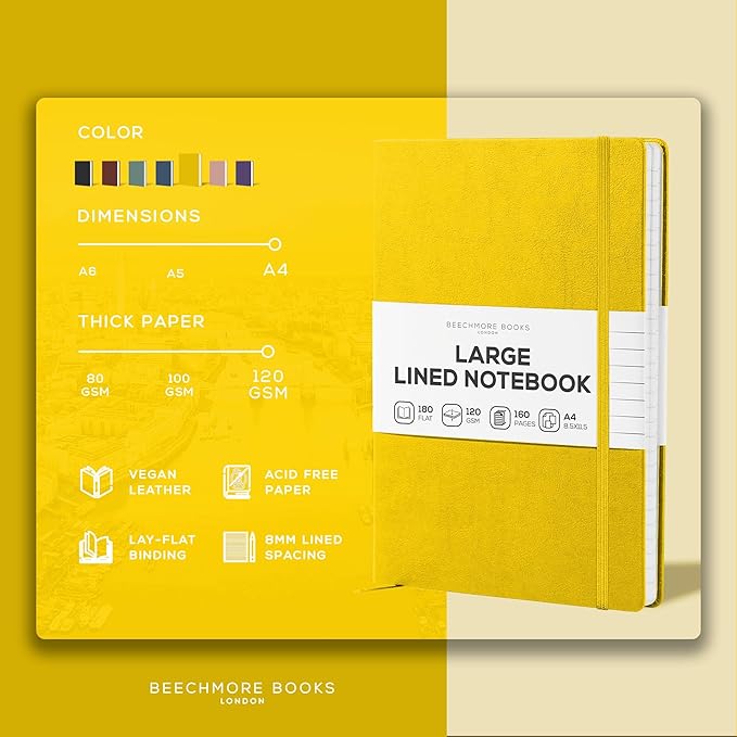 BEECHMORE BOOKS Lined Journal Notebook, 8.5 x 11.5 inch, A4 160 Lined Pages, Hardcover Leather Journals for Women, Men, Writing and Notebooks for Work - 120 GSM Thick Paper, Gifts Box Included
