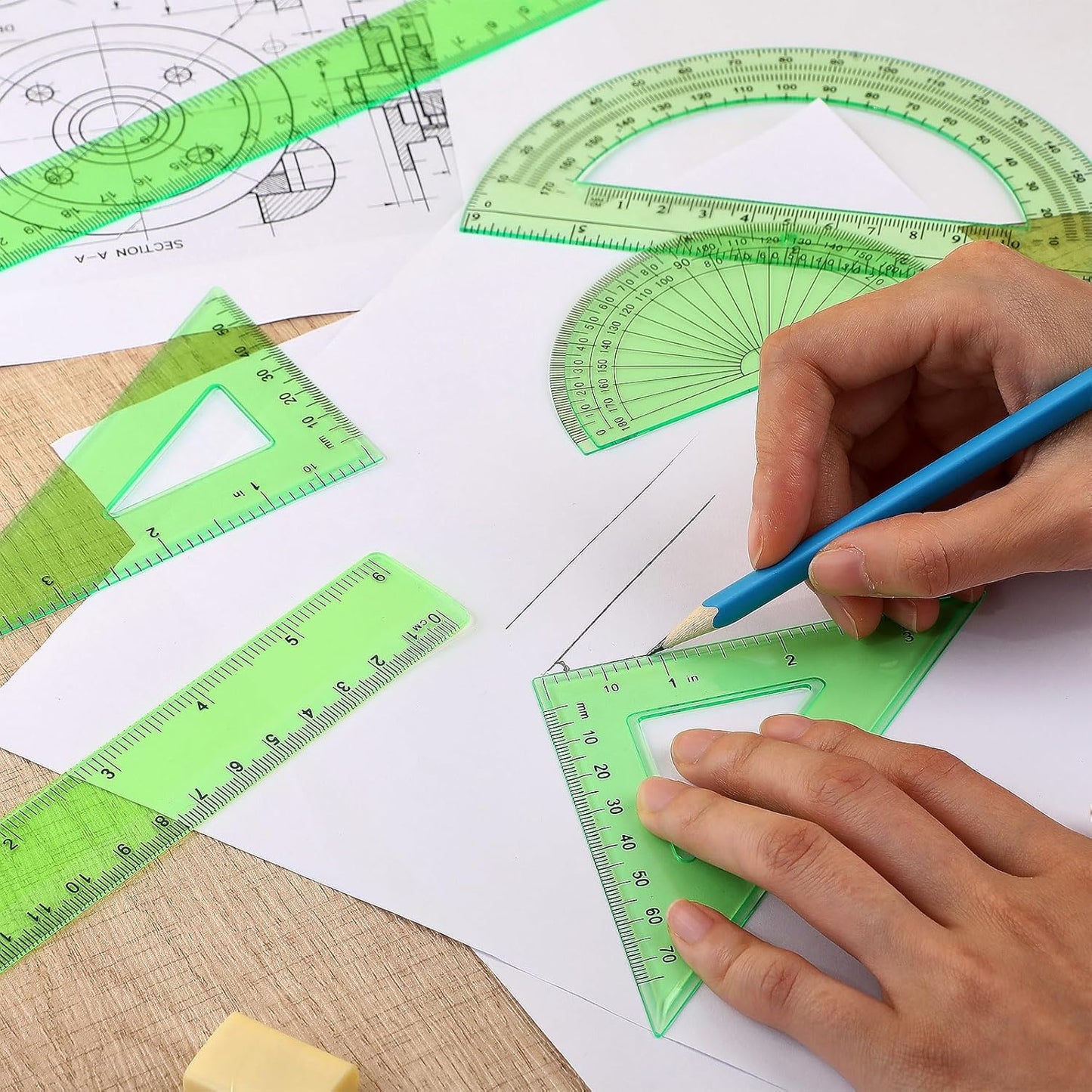 Zonon 1 Set Plastic Geometry Math Set Includes Drawing Compass, 6 Inch 4 Inch Protractor, 45/60 Degree Triangle Rulers 12 Inch 6 Inch Math Ruler Transparent for Office Supplies(Green)