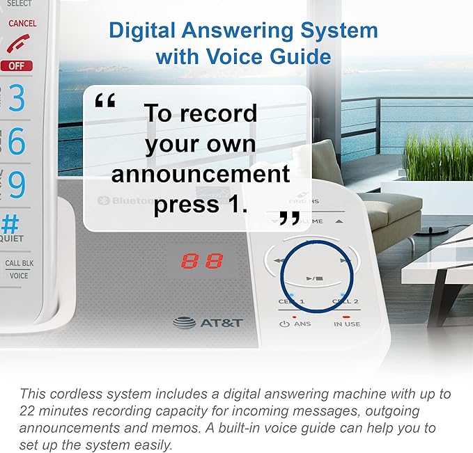 AT&T DAL75211 DECT 6.0 Cordless Home Phone with Smart Call Blocker, Bluetooth Connect to Cell, Digital Answering Machine, Full-Duplex Speakerphone, Expandable to 5 HS (White)