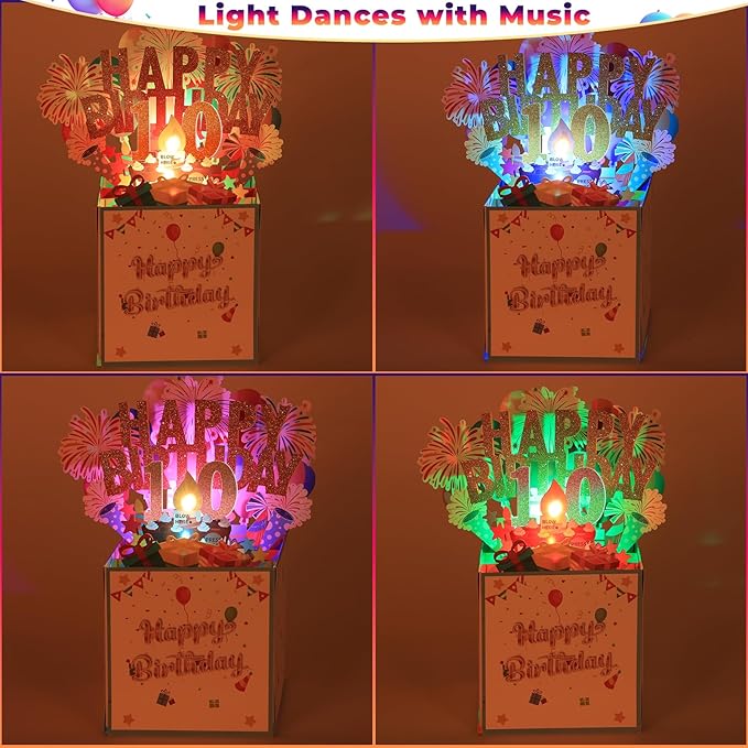 Tnvee 10TH Birthday Cards with Lights & Music & Candle, 3D Pop Up Singing Happy Birthday Greeting Cards Gfits for 10 Years Old Girl Boy Son Daughter