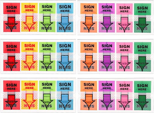 600pcs/6 Packs Sign Here Tabs, Arrow Labels Stickers Sticky Signature Tags Adhesive Message Flags for Documents Notebooks Home Office School Supplies