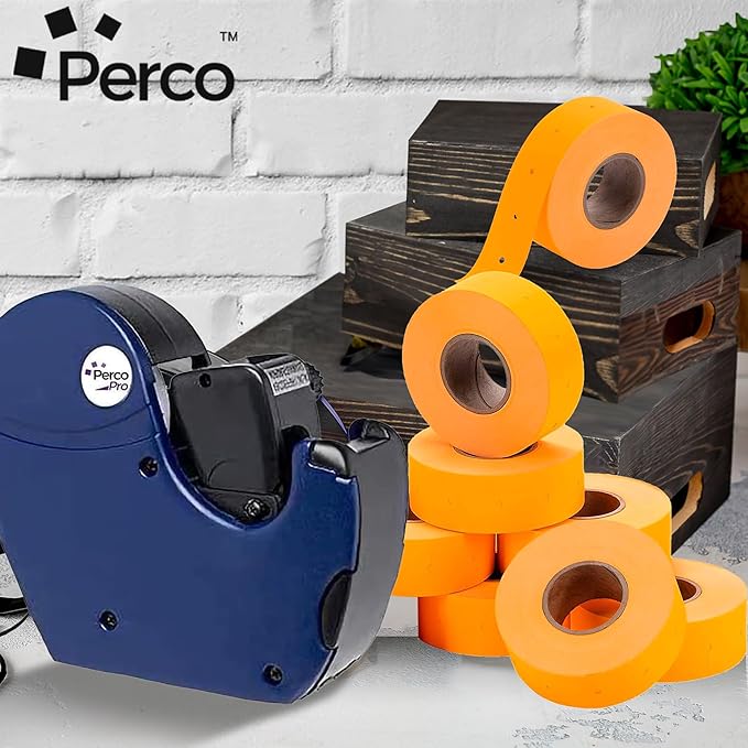 Perco 2 Line Fluorescent Orange Labels - 8 Rolls, 1 Sleeve, 6,000 Blank Price and Date Gun Labels for Perco 2 Line Price and Date Guns - Made in USA