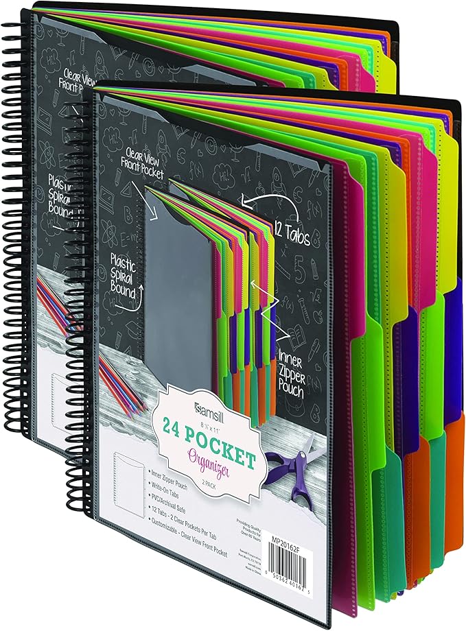 Samsill 2 Pack Deluxe 24 Pocket Spiral Project Organizer with Inner Zipper Pouch, Customizable Front Cover, 12 Dividers with Erasable Write-On Tabs in Fashion Colors, Plastic Folders with Pockets