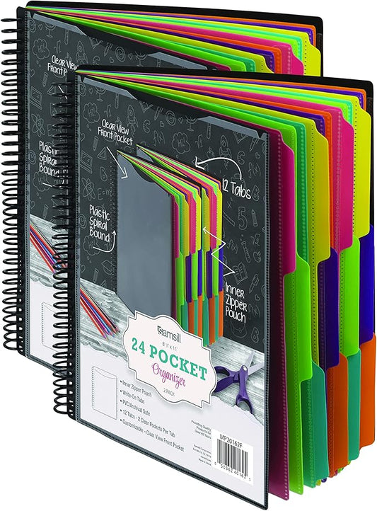 Samsill 2 Pack Deluxe 24 Pocket Spiral Project Organizer with Inner Zipper Pouch, Customizable Front Cover, 12 Dividers with Erasable Write-On Tabs in Fashion Colors, Plastic Folders with Pockets