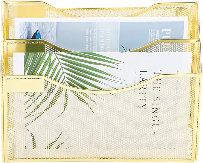 EASEPRES 3 Pocket Mesh Hanging Wall File Organizer, Wall Mounted Mail Paper Document Folder Holder, Clipboard Storage Organization Magazine Rack with Nametag Label for Office Home School, Gold