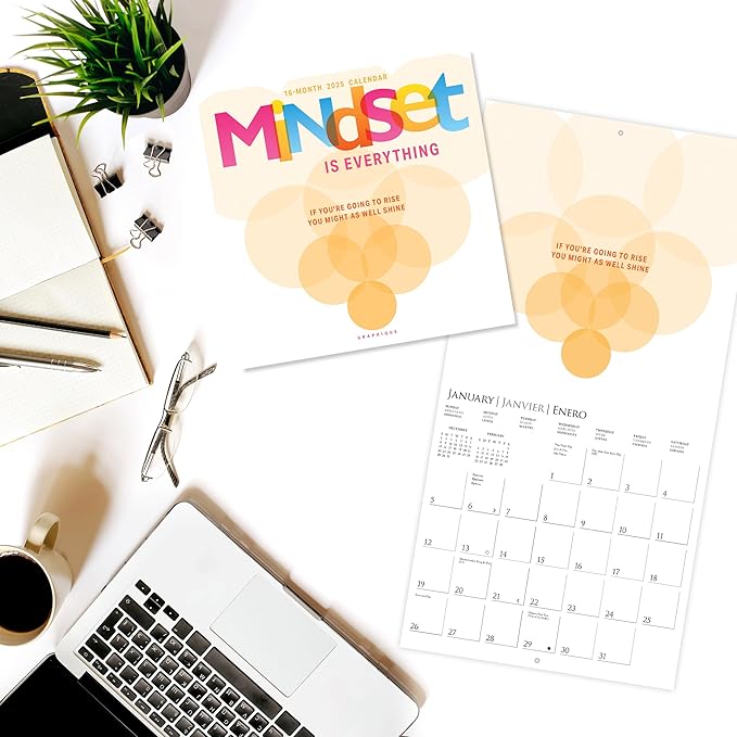 Graphique 2025 Mindset Is Everything Wall Calendar | 12” x 12” | Thick Paper | Home & Office Organizer | Large Monthly Grid | 3 Languages & Marked Holidays | 4 Month Preview Page for 2026