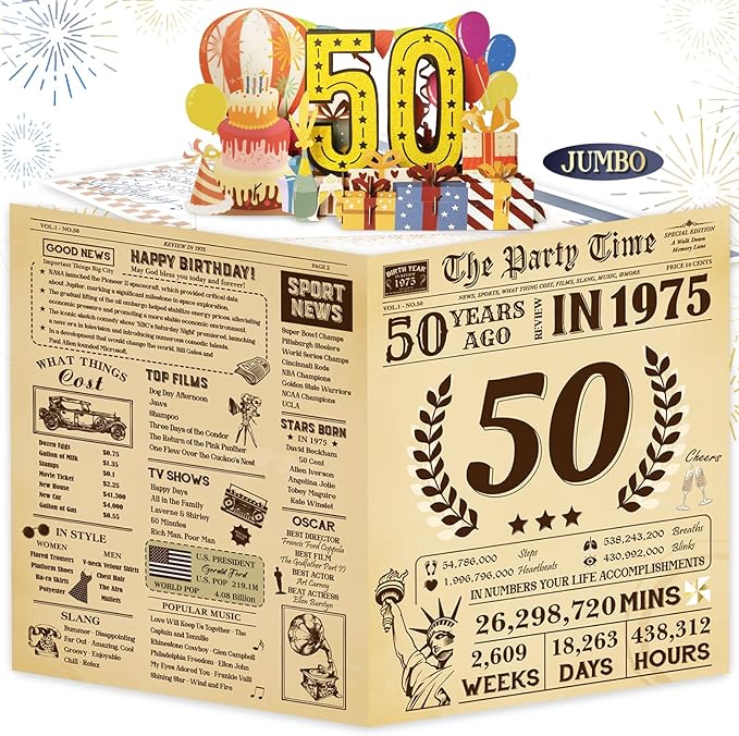 Funny 50th Birthday Card for Women Men, 3D Pop Up 50th Birthday Decorations for Her Him, Happy 50th Birthday Gifts for Mom Dad, Jumbo 50 Year Old Birthday Card, Review of 1975, Classy (8"x10")