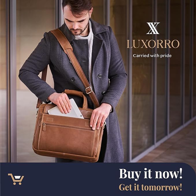 Luxorro Full Grain Leather Briefcase for Men, Light Brown, 17"(W) x 13"(H) x 5"(D), Fits 15.6 Inch Laptop