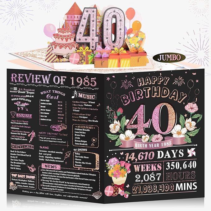 40th Birthday Card for Women Her, Jumbo Pop Up 40th Birthday Cards for Wife Mom, Happy 40th Birthday Decorations for 40 Year Old Women Funny Birthday Gifts, Review of 1985, Pink