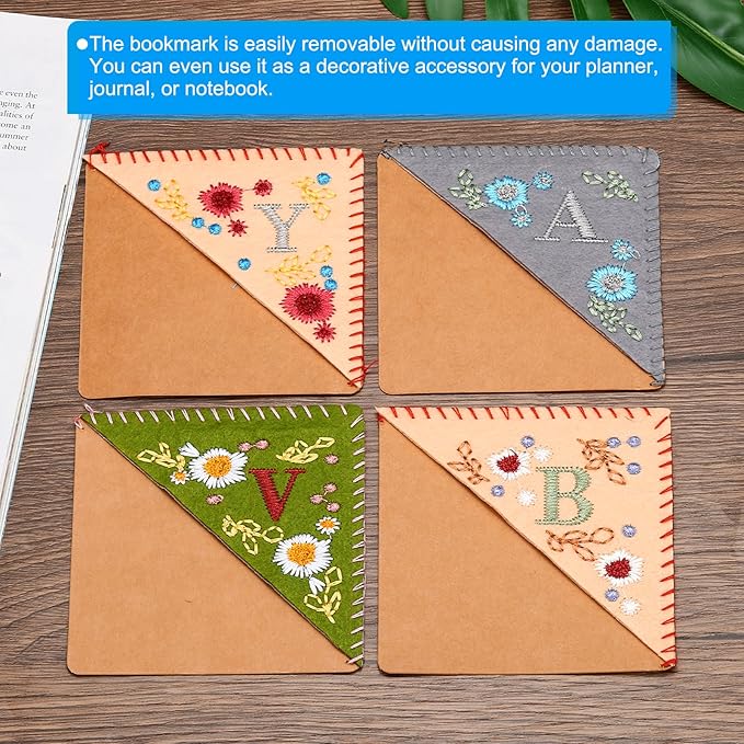 PATIKIL Personalized Embroidered Corner Bookmark, Cute Flower Felt Stitched Triangle Book Mark Page Marker for Women Men Book Lovers Teachers, Pink, Letter V
