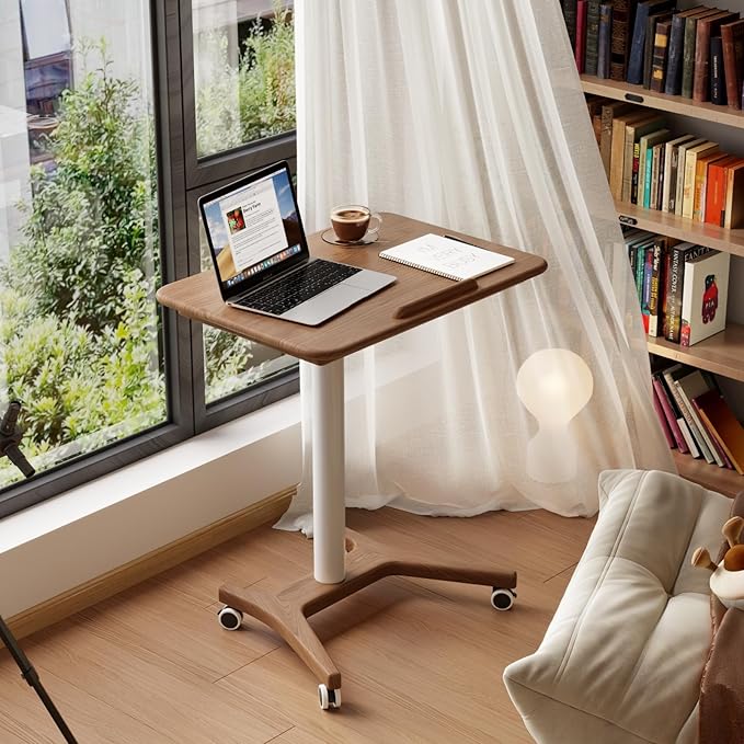Rolling Standing Desk,Rolling Desk Adjustable Height with Wheels Rolling Desk for Home Office, Bedroom,Couch（Walnut）