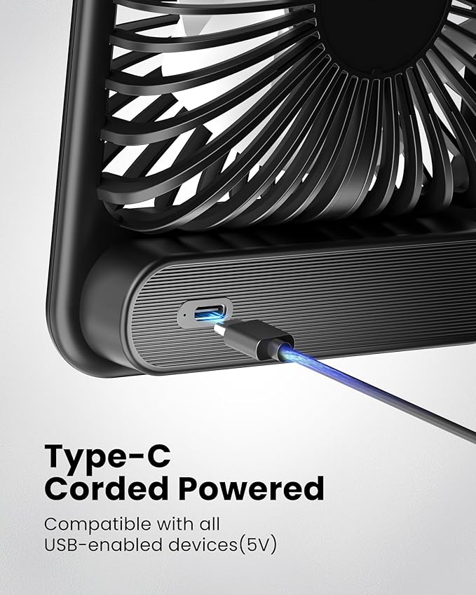 Koonie USB Desk Fan, Strong Wind Ultra Quiet Small Personal Fan with 180° Tilt Folding and 3 Speeds Adjustable, USB-C Corded Powered Mini USB Fan for Office Desktop Bedroom, 5in