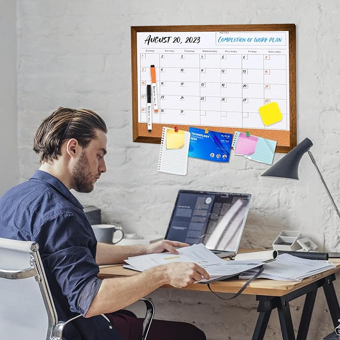 Dry Erase Monthly Calendar Board for Wall, 17"x13" Hanging Board, Magnetic White Boards, Rustic Brown Wood Frame White Board Cork Board Combo, Calendar Bulletin Board for Kitchen Planner Memo Office