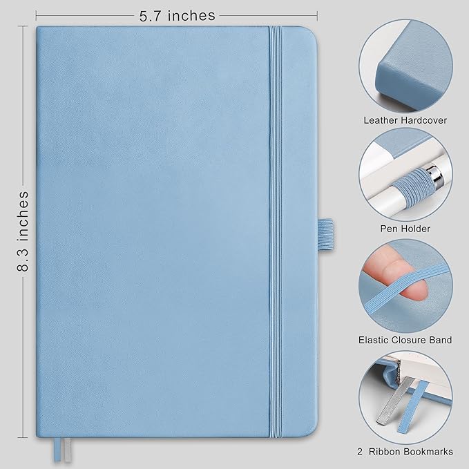 RETTACY Graph Paper Notebook, A5 Grid Notebook Journal with 192 Pages, 5.7'' × 8.3'', Medium Size, Leather Hardcover, 100 GSM Thick Paper, for Students, Homework, Math, Engineering (Light Blue)