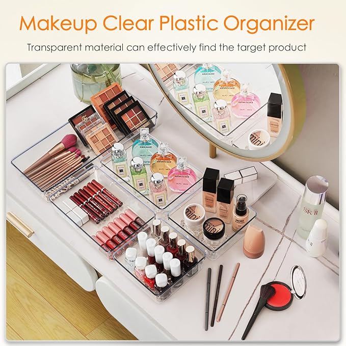 Criusia Drawer Organizer, 6 Pack Large Clear Plastic Drawer Organizers Set, 2 Size Versatile Bathroom and Vanity Drawer Organizer Trays, Storage Bins for Makeup, Bedroom, Kitchen Gadgets Utensils