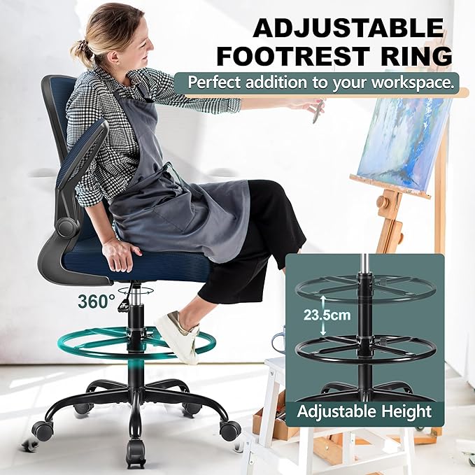 FelixKing Drafting Chair Ergonomic Tall Office Chair, Breathable Mesh Chair with Adjustable Footrest Ring Lumbar Support Flip-up Armrests, High Back Executive Comfy Task Computer Chair for Home Office