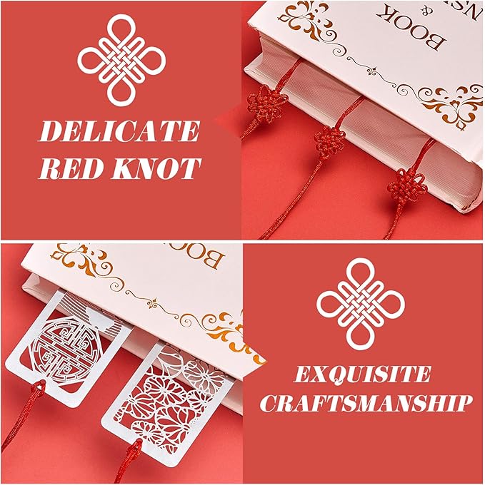 Outus 8 Pieces Hollow Art Metal Bookmarks for Wedding Men Teachers Employee Appreciation Gift Stainless Steel Bookmarks with Red Knot Theme Bookmarks for Book Reading Presents, 4.5 x 1.25 Inch