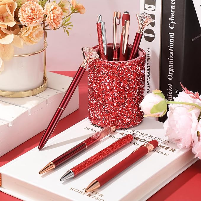 Sabary 8 Pcs Ballpoint Pens with Pen Holder for Desk Glitter Crystal Diamond Fancy Pencil Holder Bling Desk Organizer Cute Stationery Supplies for Women Girls Wedding Office School Gifts(Red)