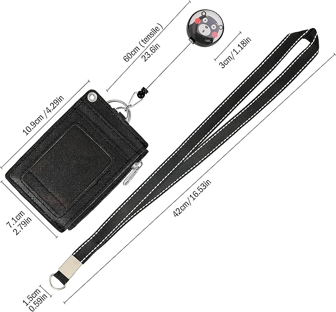 Cute ID Badge Holder Retractable Lanyard Reel Clip with Heavy Duty Carabiner, 5 Card Slots in 2 Sided with Key Ring and Zipper for Women Students Teens Girls Office Staff (Black OK Bear)