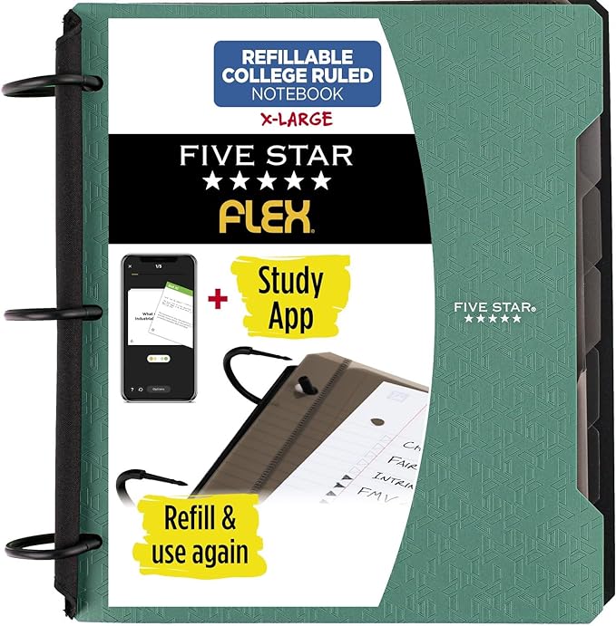 Five Star Flex Refillable Notebook + Study App, College Ruled Paper, 1-1/2 Inch TechLock Rings, Pockets, Tabs and Dividers, 300 Sheet Capacity, Seaglass Green (29324AQ8)