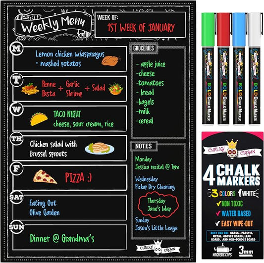 CHALKY CROWN Magnetic Dry Erase Menu Board for Fridge Includes 4 Liquid Chalk Markers - Weekly Meal Planner Blackboard, Grocery List & Notepad for Kitchen Refrigerator - Chalkboard Magnet