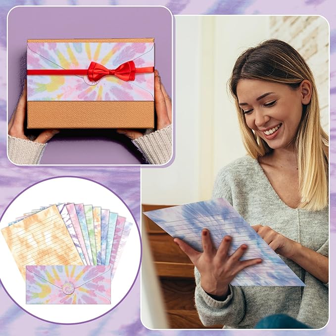 TaoBary 160 Packs Stationery Paper Set (50 Double Sided Stationery Writing Papers 50 Matching Envelopes) 60 Round Dot Sticker, 10 Design (8.5 x 11 Inch,Tie Dye)