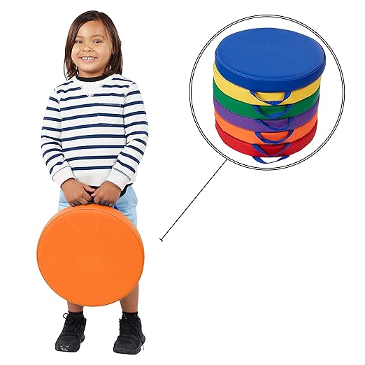 Factory Direct Partners SoftScape 15 inch Round Classroom Floor Cushions with Handles; Flexible Seating for Daycare, Preschool, Playroom; 2 inch Thick Deluxe Foam (6-Piece) - Assorted, 11232-AS
