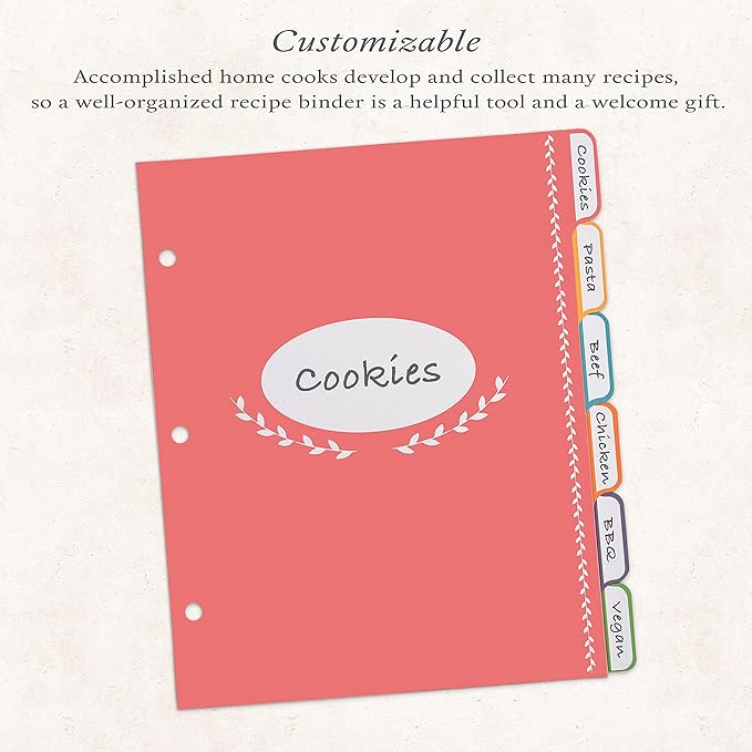 Jot & Mark Blank Recipe Binder Dividers with Tabs | Six Customizable Organizer Dividers for 8.5"x9.5" 3-Ring Binders (Rainbow)