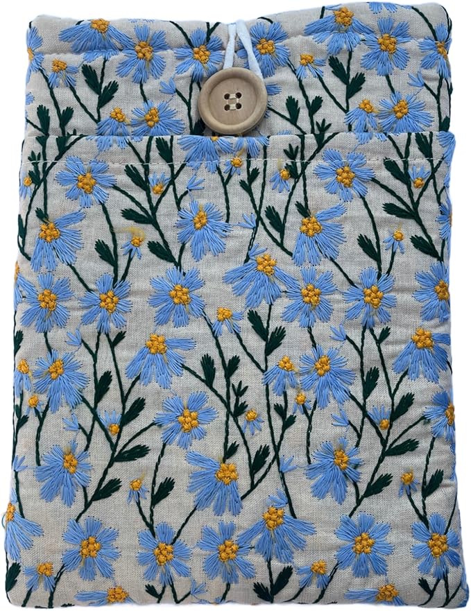 Embroidered Blue Daisy Book Sleeve. Book Cover/Protector