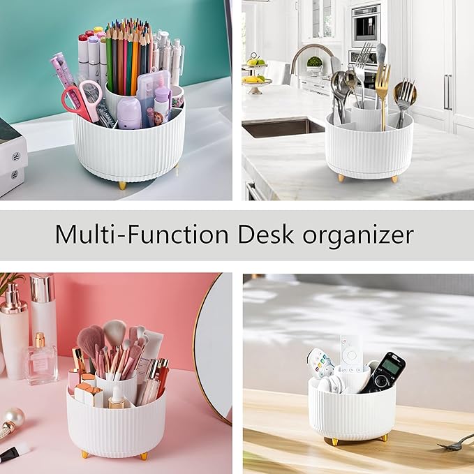 Office Desk Accessories, White Office Supplies 360°Pen Holder Desk Organizers And Accessories with Tape Dispenser, Stapler, Staple Remover, 1000 Staples, Tape, Clips Set, Ruler, Scissor, Pen