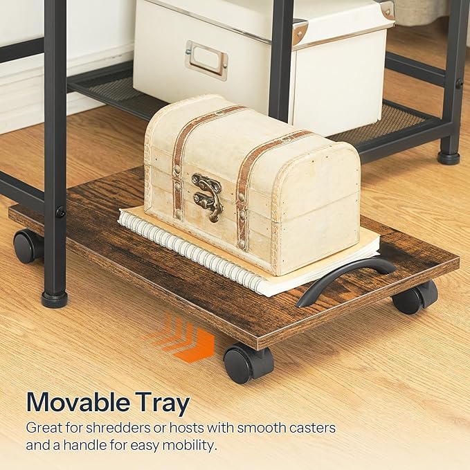 HOOBRO Printer Stand with Charging Station, Printer Shredder Stand with Fabric Drawer, Table for Fax Machine, Printer Storage Office Organizer, for Home Office, Rustic Brown and Black BF72UPS01