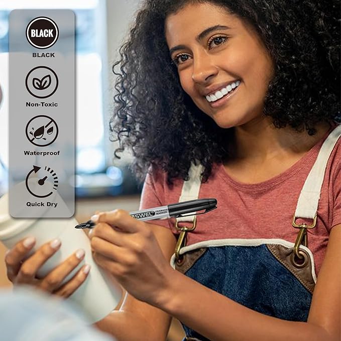 Permanent Markers Bulk, 50 Pack, Black Permanent Marker Pens, Fine Tip, Waterproof, Quick Drying, Smooth Writing, Used on Glass Metal Stone Paper Most Surfaces, Office School Supplies