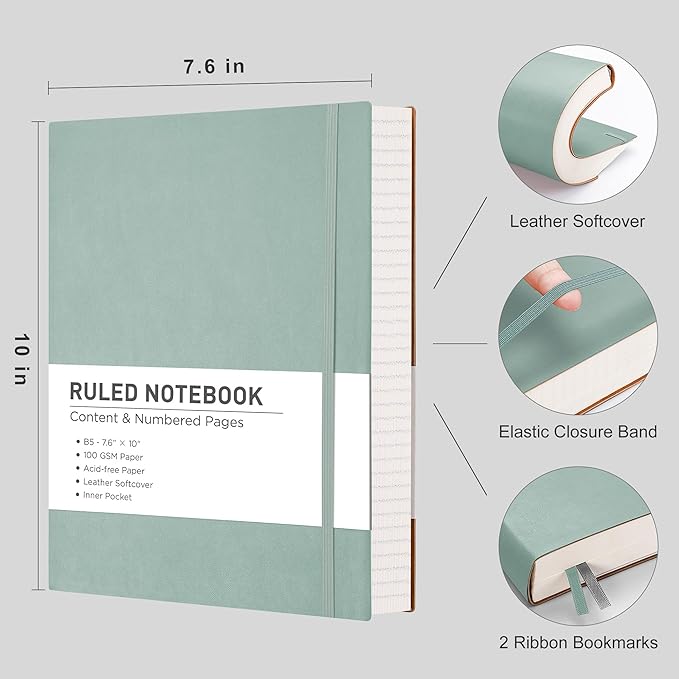 RETTACY Journaling Notebooks, B5 Lined Journal Notebook with 320 Numbered Pages, 7.6" × 10", Medium, Journal Notebook for Writing, Work, School, Leather Softcover, 100 GSM Thick Paper (Blue-gray)