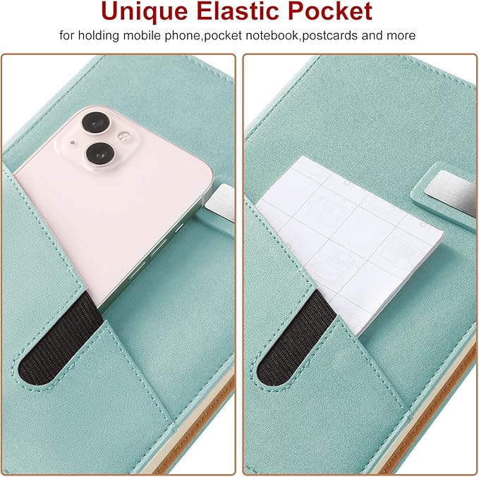 A5 Lined Leather Journal with Pen, 240 Pages Refillable Hardcover Notebook with Pocket and Magnetic Buckle, 80gsm Thick Daily Diary for Men and Women, Great Gift for Business School Travel Personal - Light Green