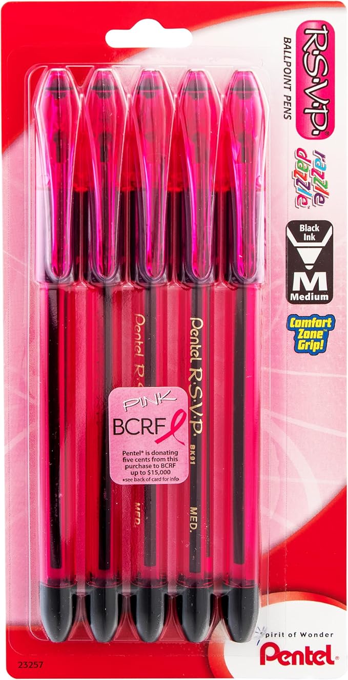 Pentel Pink BCA RSVP Razzle-Dazzle, (1.0mm) Medium Line, Black Ink, Pack of 5 (BK91RDBP5P)