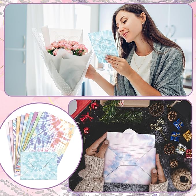 TaoBary 160 Packs Stationery Paper Set (50 Double Sided Stationery Writing Papers 50 Matching Envelopes) 60 Round Dot Sticker, 10 Design(Tie Dye,5.5 x 8.25 Inch)