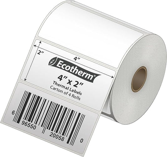 4" x 2" Thermal Labels | 4 Rolls | 3040 Labels | fits Zebra, Munbyn, Rollo, Godex, Arkscan, iDPRT, Offnova Thermal Label Printers and More | Blank White Adhesive Stickers by Ecotherm