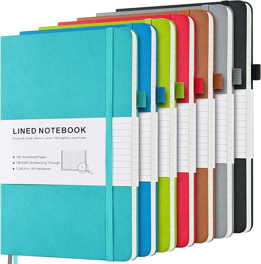 7 Pack Lined Journal Notebook, Hardcover PU Leather Notebook for Men Women, 100 GSM Thick Numbered Pages with Index Content, Inner Pockets, Bookmarks, A5 Ruled Writing Journal Bulk (Multicolor)