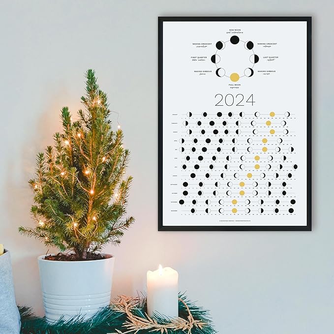 2024 Moon Phase Calendar (SHIPS FLAT) - Hangable Light Lunar Wall Poster - Great as a Unique Gift, Moon Tracking, Wall Décor & Art, Astrology Decorations - A Celestial Calendar - by Thankful Greetings