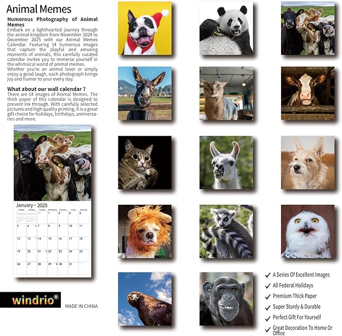 2025 Wall Calendar,Funny Calendar 2025, November 2024 - December 2025, Wall Calendar Funny Animal Memes, 12" x 24" Opened, Full Page 14 Months Thick Paper for Gift Calendar Organizing Planning