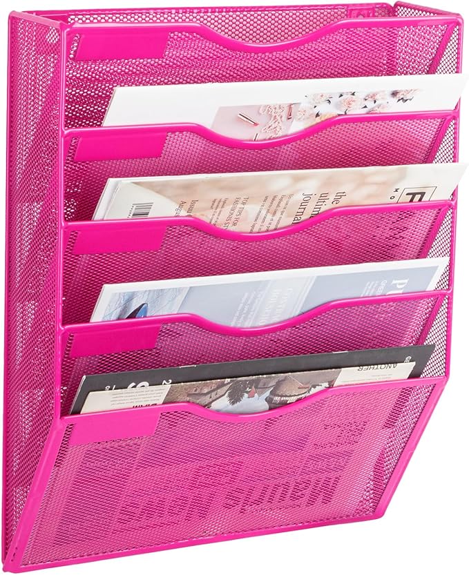 EASEPRES 5 Pocket Mesh Hanging Wall File Organizer, Wall Mounted Mail Paper Document Folder Holder, Clipboard Storage Organization Magazine Rack with Nametag Label for Office Home School, Rose Red