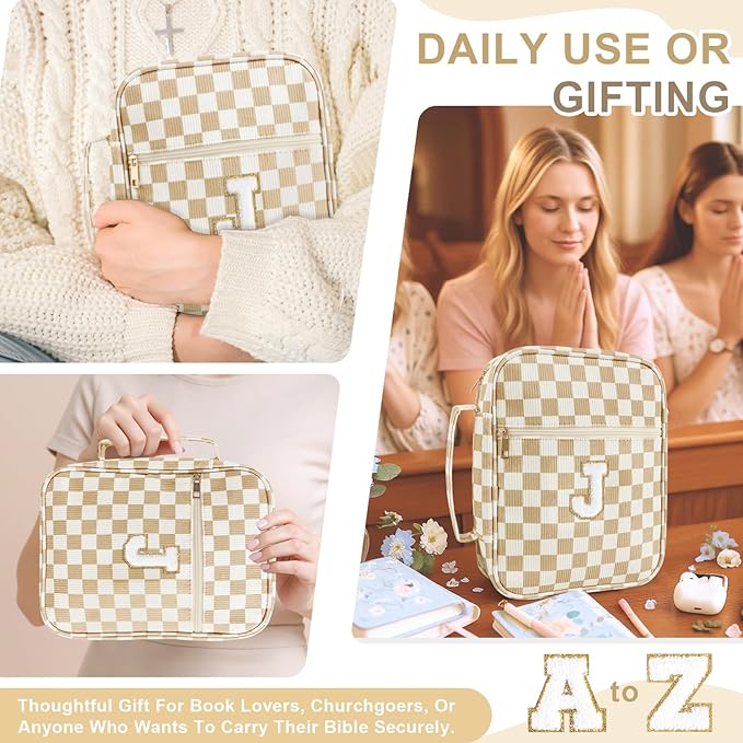 Personalized Initial Bible Cover Case for Women Girls Kid - Large Corduroy Bible Case with Handle, Stylish Chenille Letter Bag Study Supplies, Perfect Christmas Gifts for Christians Women (Khaki-J)