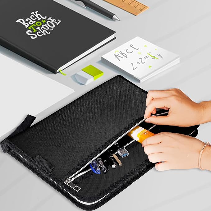 Fireproof Safe Accordion File Organizer Bag Folder,Waterproof Expanding Filing Folder with 14 Pockets, A4 Letter Size, Document Organizer Holder and Color Labels /2 Zipper (Black 14.3" x 9.8")