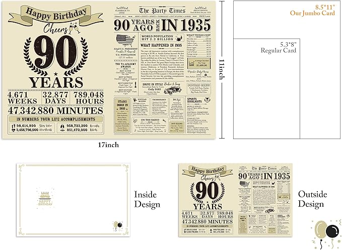 Ogeby Funny 90th Birthday Gifts Ideas for Women Men, Jumbo 90th Birthday Card for Grandma Dad Mom, Gifts for 90 Year Old Woman Man, Vintage Back in 1935 Birthday Card, 90th Birthday Decorations