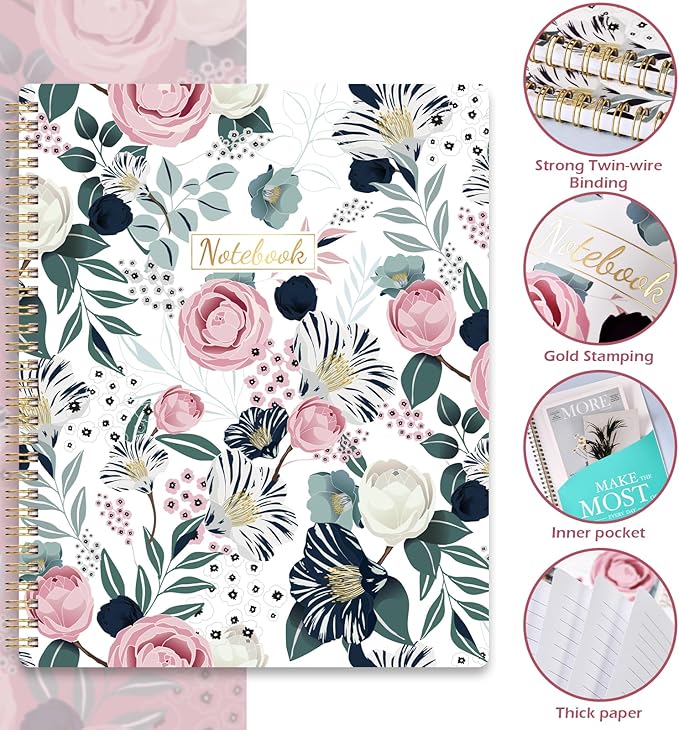 Spiral Notebook - Notebooks Spiral Bound, 8.5" * 11", Journal Notebook with Thick Paper & Back Pocket, 144 Pages, with Twin-Wire Binding, Journals for Women, College Ruled Notebooks - Floral